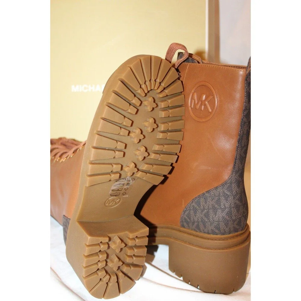 Michael Kors Women's Hanley Charm Lace Up Combat Bootie Luggage Brown NIB SZ 8.5